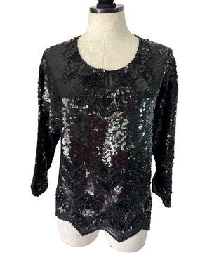 Vintage Heavily Sequined Beaded Floral Pattern Women Blouse Size M Black Glam